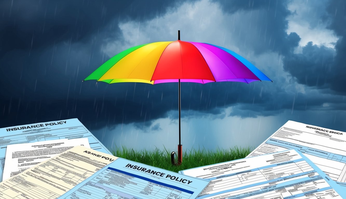 Colorful umbrella protecting insurance policies from a stormy sky