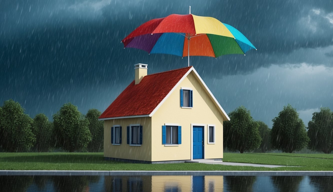 A colorful umbrella protecting a house from a storm