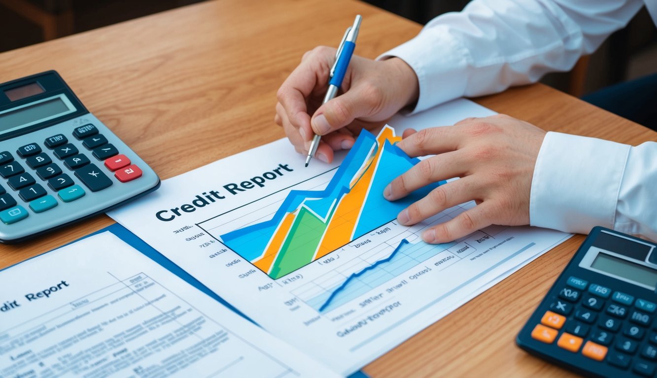 A person reviewing a credit report with a graph showing an upward trend, while insurance documents and a calculator sit nearby