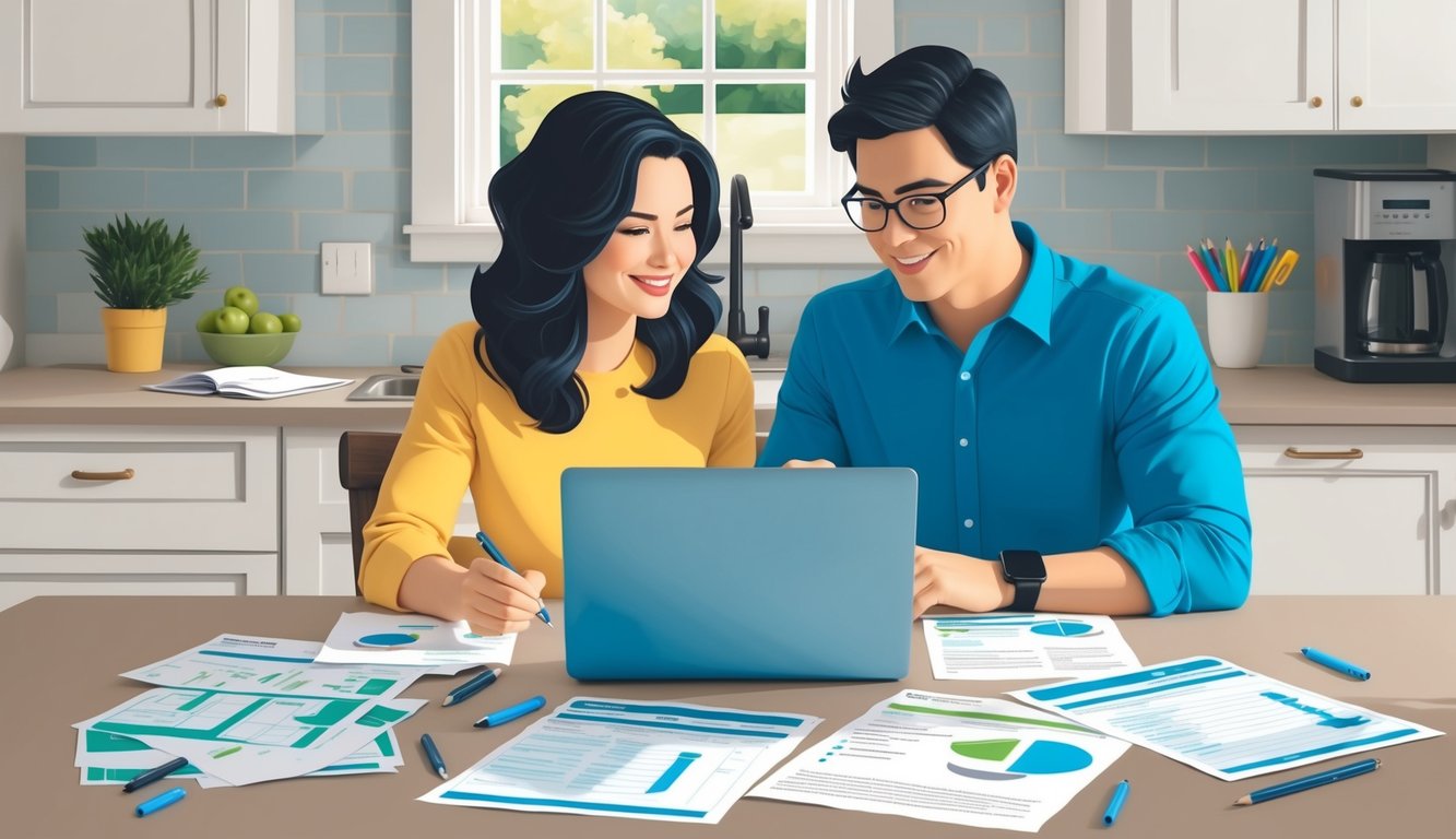 Couple working on finances together with laptop and documents in kitchen