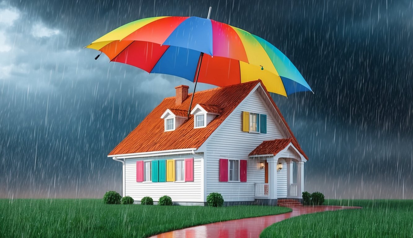 A colorful umbrella protecting a house from rain and storm