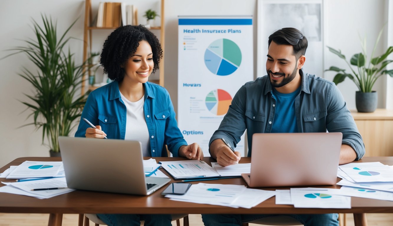 A couple sits at a table, surrounded by paperwork and laptops.</p><p>They compare different health insurance plans, discussing options and making notes