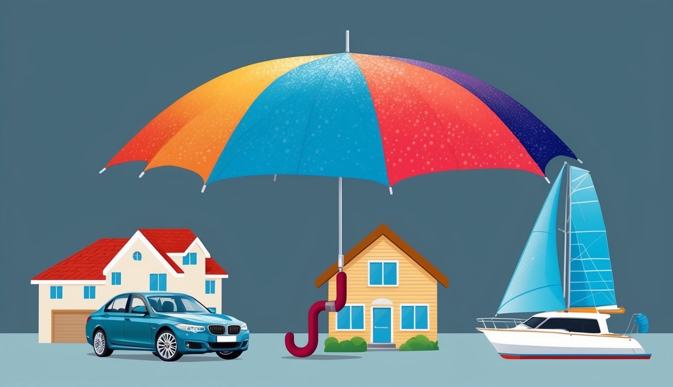 A colorful umbrella protecting various assets like a car, home, and boat from potential risks and hazards