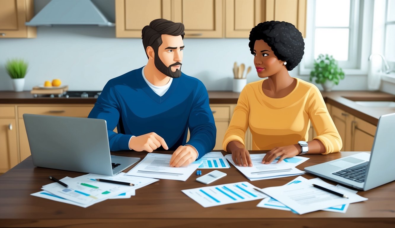 A couple sits at a kitchen table, surrounded by paperwork and a laptop.</p><p>They are discussing health insurance options, with a sense of seriousness and determination in their expressions