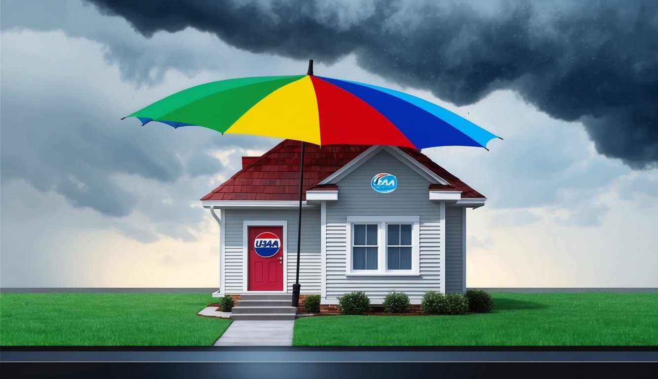 A colorful umbrella protecting a house from a storm with USAA logo visible