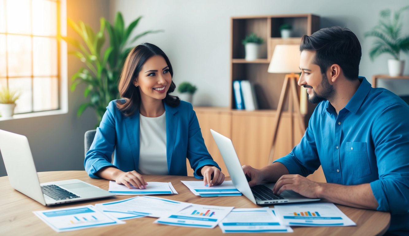 A couple sits at a table, surrounded by paperwork and a laptop.</p><p>They are discussing and comparing different health insurance plans offered by various network providers