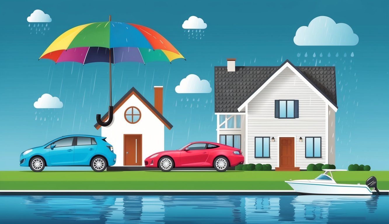 A colorful umbrella protecting various assets like a car, house, and boat from potential risks and dangers