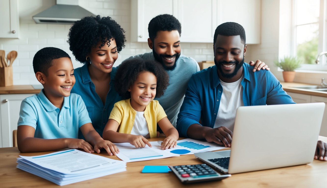 Smiling Black family looking at laptop and documents on a table