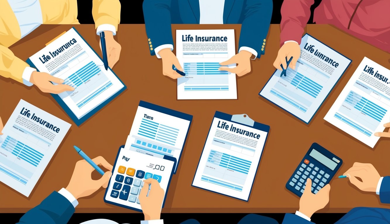 A family sitting around a table, reviewing documents and discussing life insurance options.</p><p>A calculator and pen are on the table