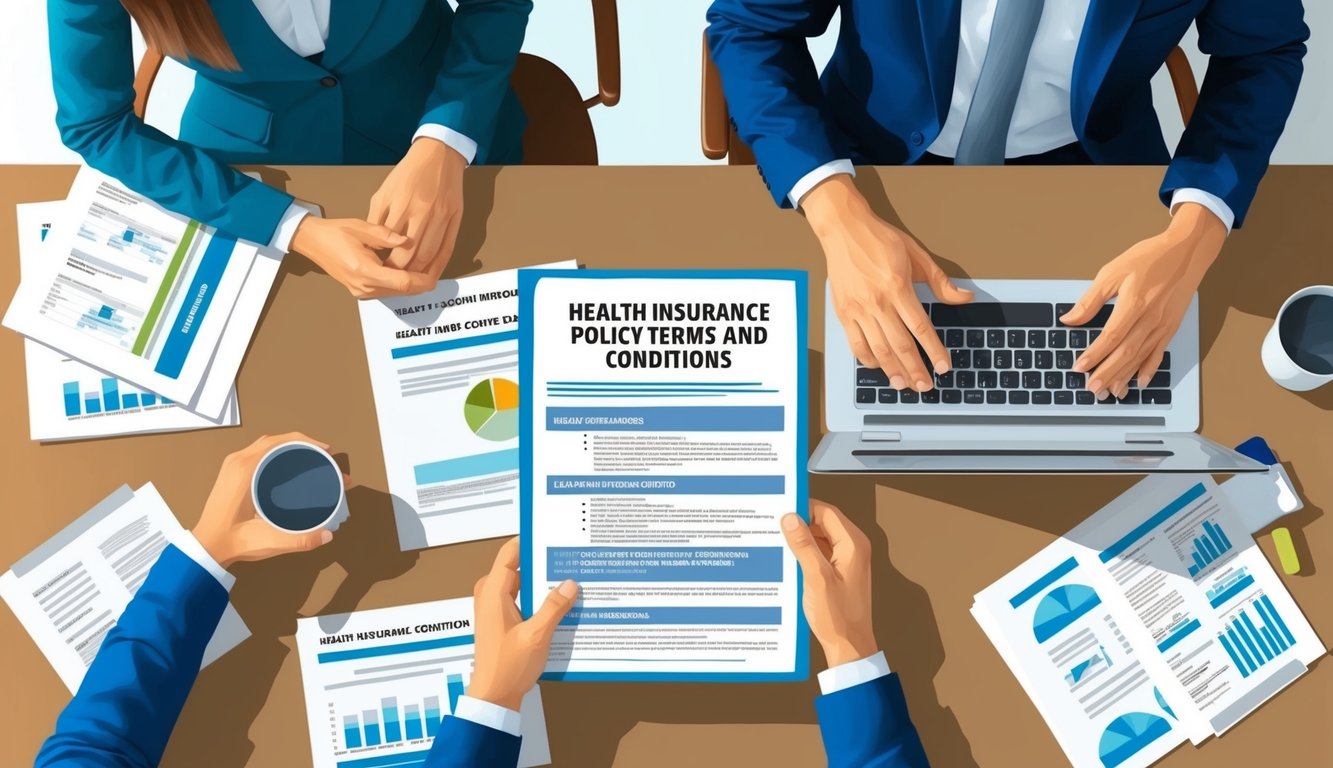 A couple sitting at a table, surrounded by paperwork and a laptop.</p><p>They are reading through a document titled "Health Insurance Policy Terms and Conditions" with a look of concentration and discussion