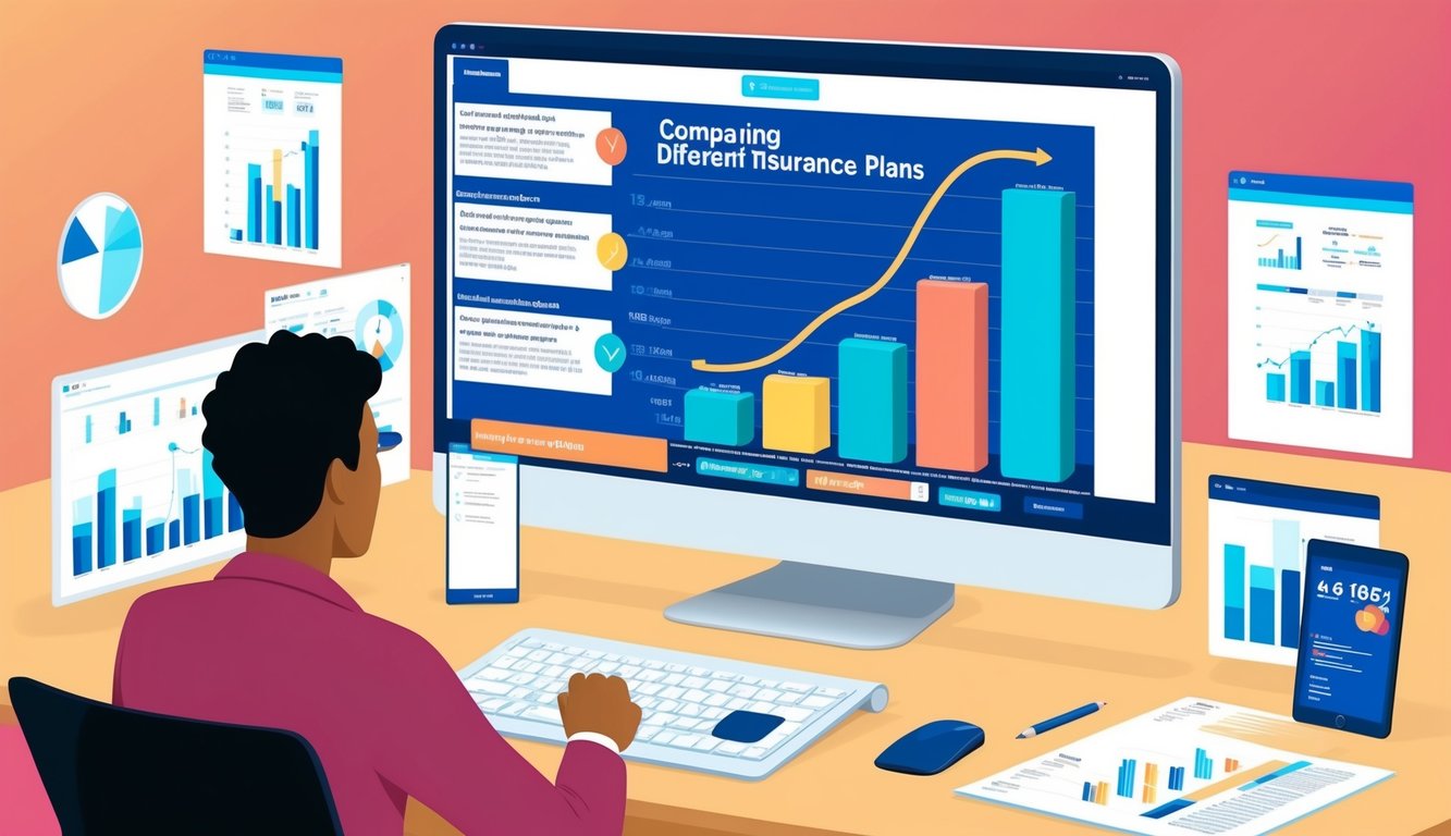 A person comparing different insurance plans on a computer screen, surrounded by charts and graphs