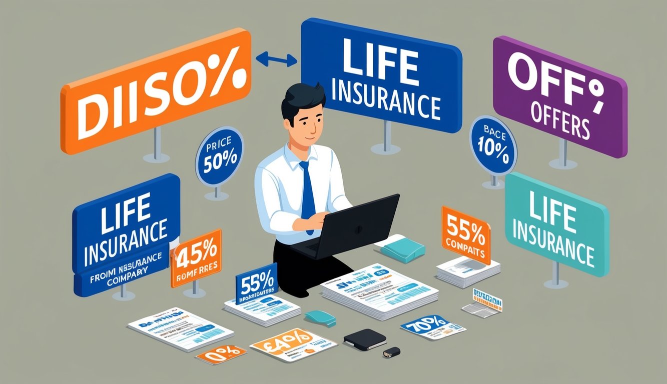 A person comparing prices of life insurance from different companies, surrounded by discount signs and offers