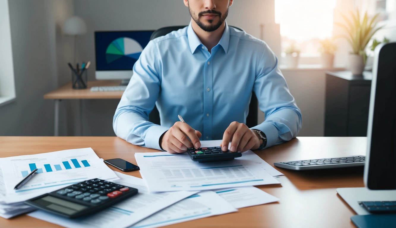 A person sitting at a desk, surrounded by paperwork and a computer, researching life insurance options while holding a calculator