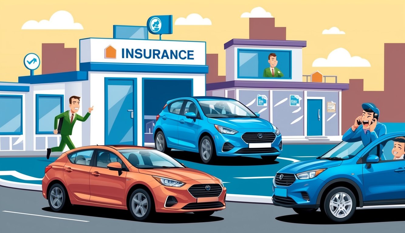 Cars in front of an insurance office with people and agents