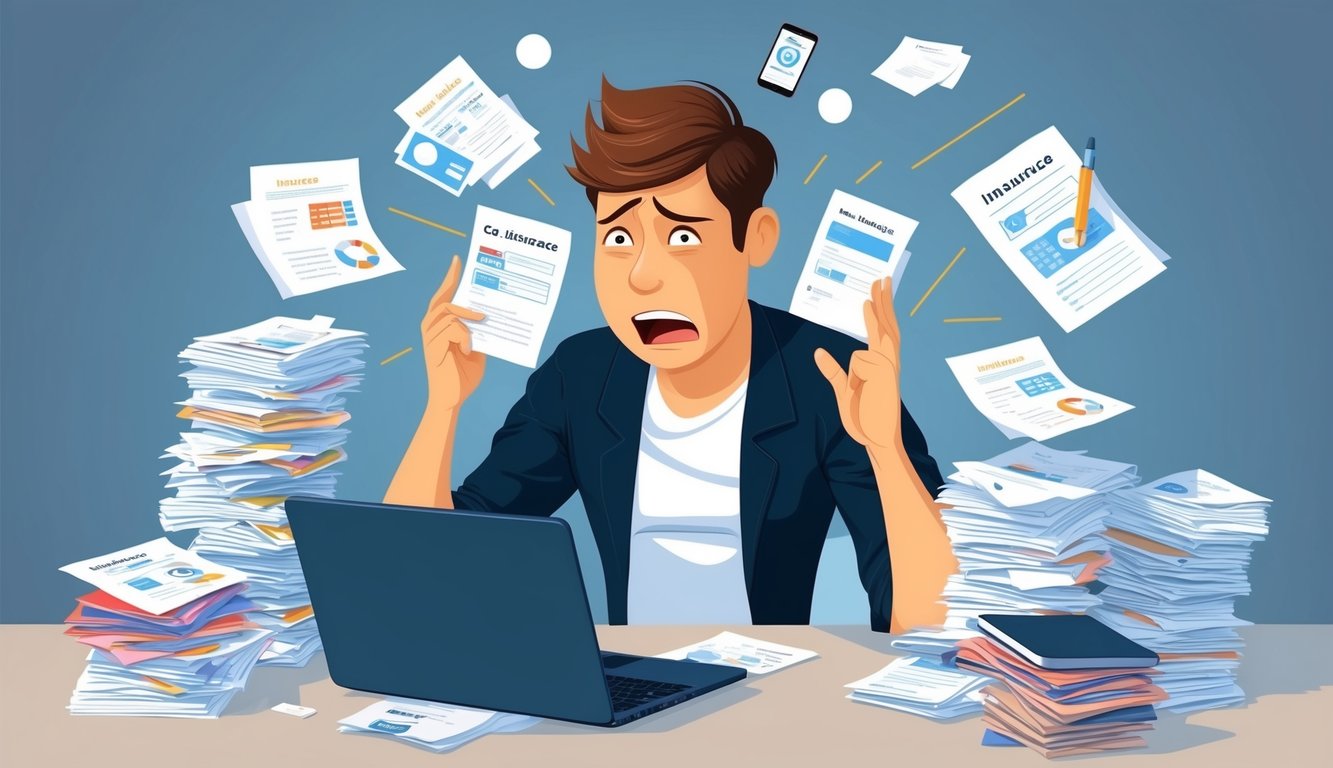 A person researching car insurance online, surrounded by a pile of papers and a laptop, with a frustrated expression on their face