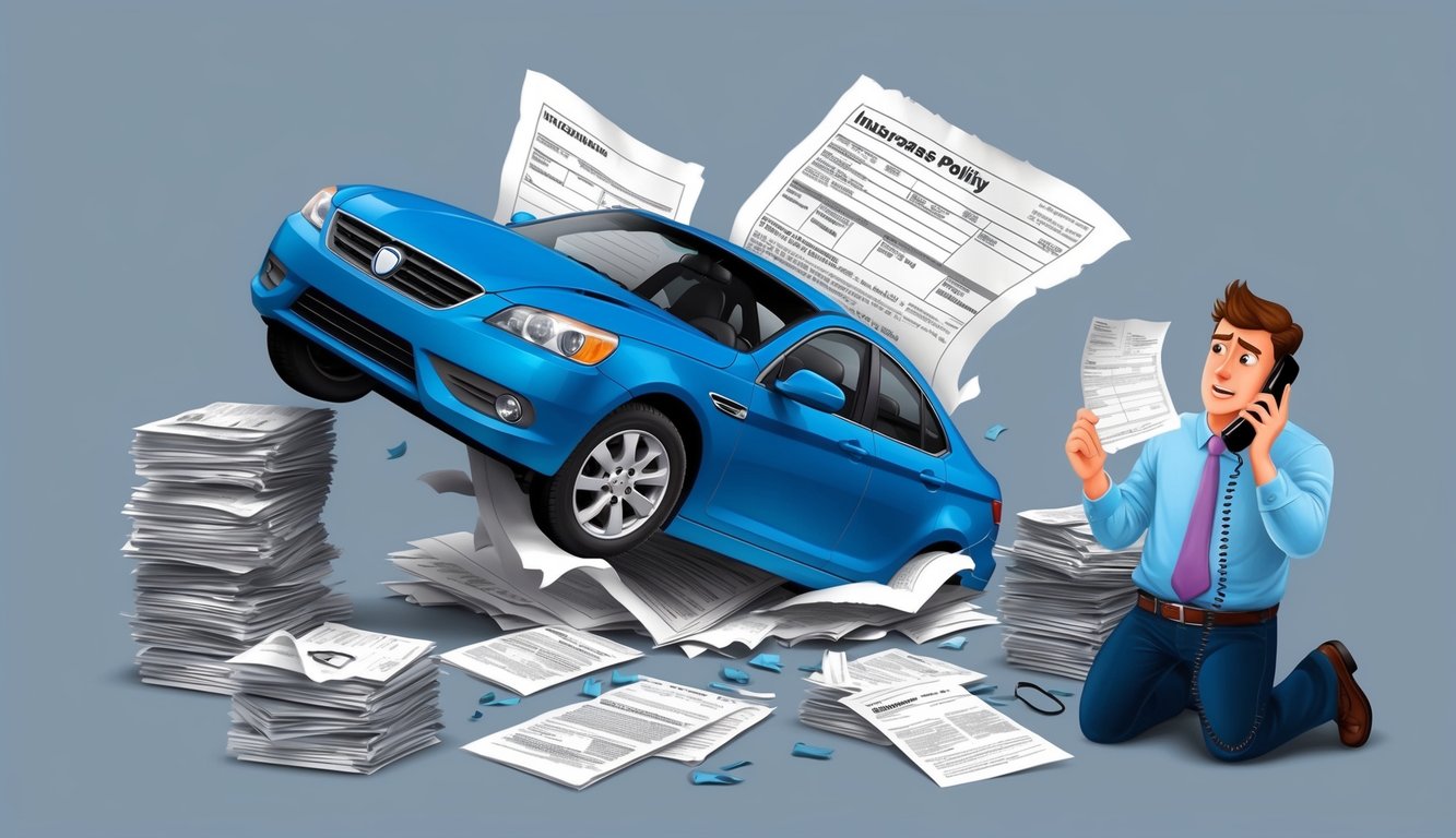 A car crashing through a torn insurance policy, surrounded by piles of paperwork and a confused driver on the phone with multiple insurance companies