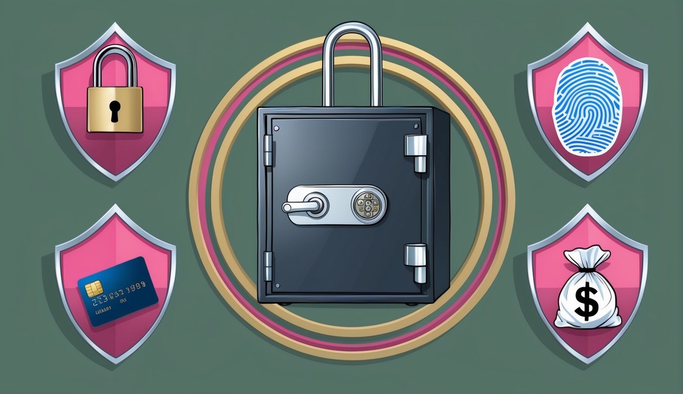 A locked safe surrounded by a shield with a padlock, a shield with a lock and key, a shield with a credit card, a shield with a fingerprint, a shield with a shield inside, a shield with a money bag, and a shield with a shield inside