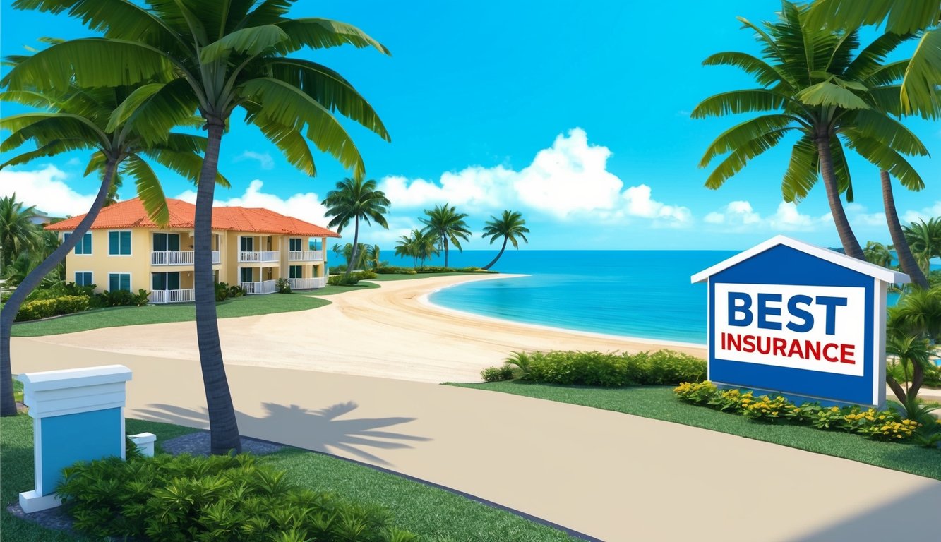 Tropical beach scene with "Best Insurance" sign and resort