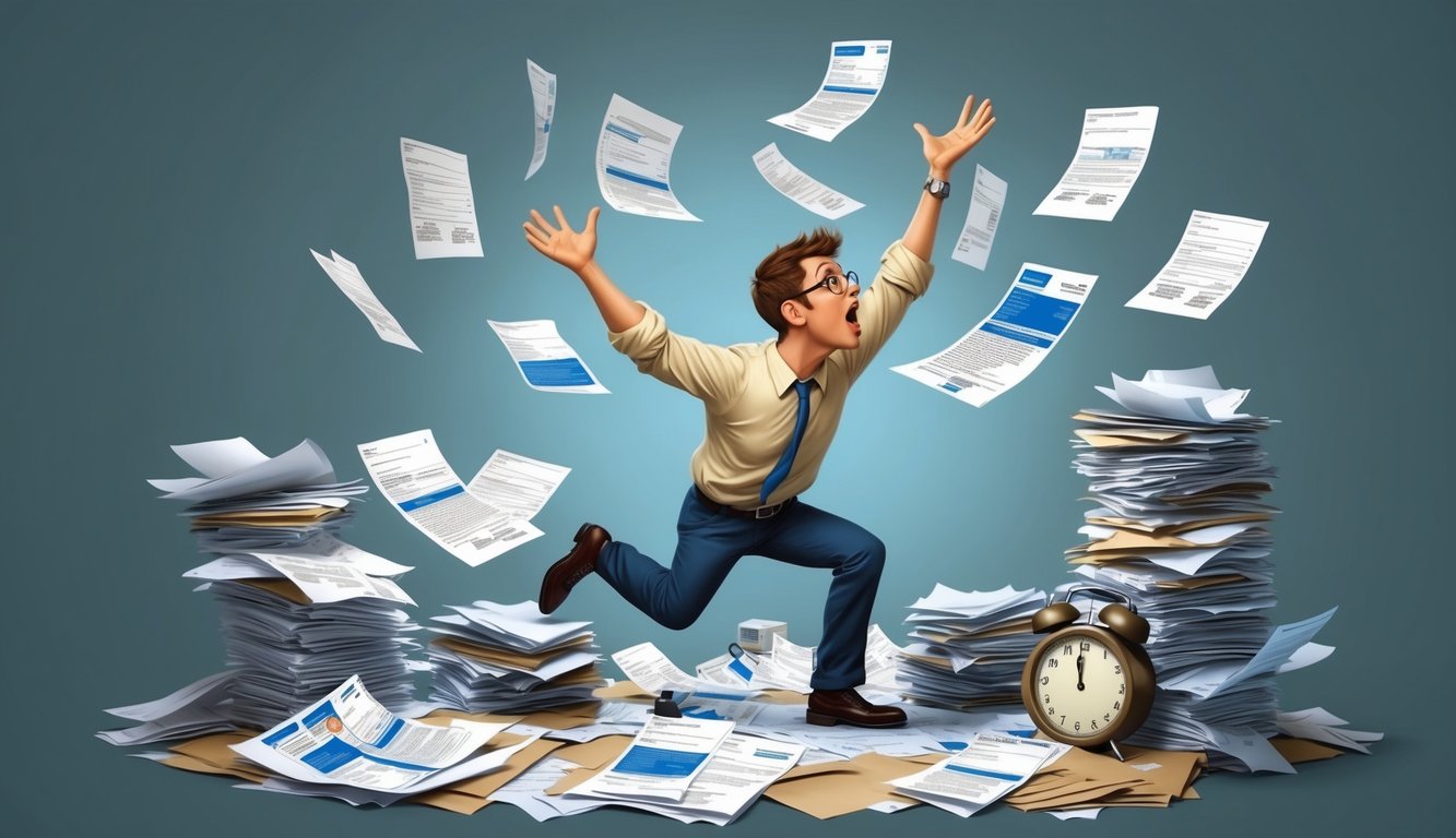 A person frantically juggling car insurance paperwork while surrounded by chaotic piles of documents and a ticking clock