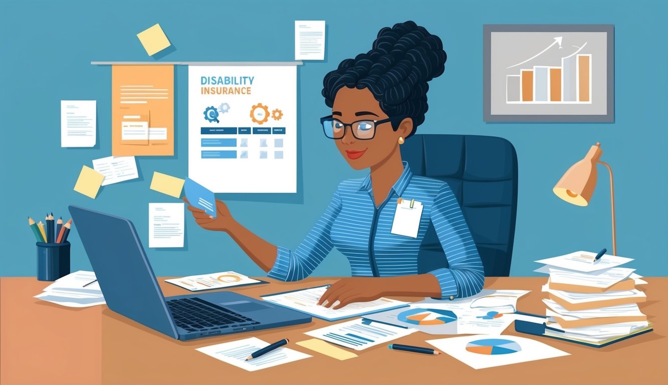 A freelance writer sits at a desk, researching and comparing disability insurance policies on a laptop, surrounded by papers and notes