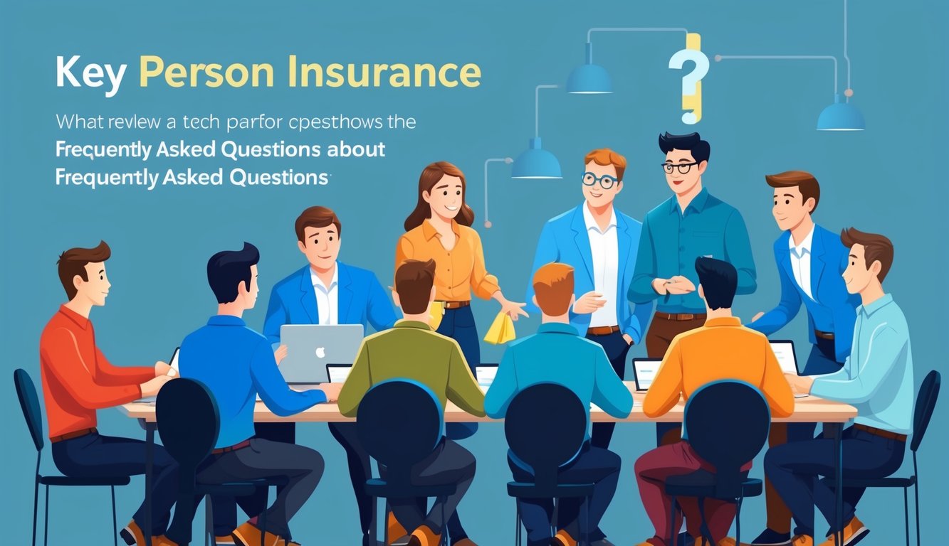 A group of tech startup employees gather around a table, discussing and reviewing the frequently asked questions about key person insurance