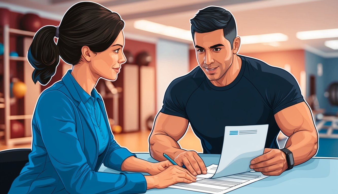 A personal trainer consulting with a client while reviewing liability insurance paperwork