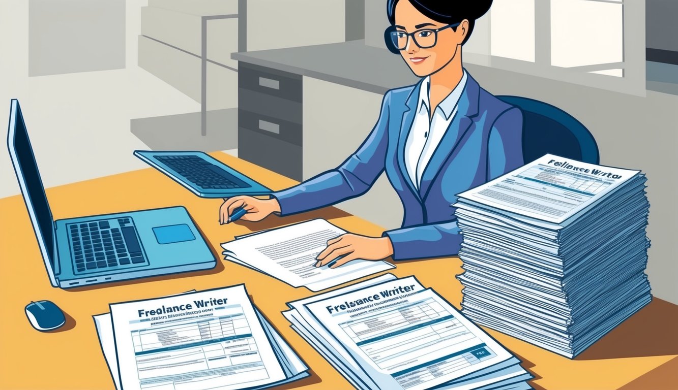 A freelance writer working at a desk, surrounded by papers and a laptop.</p><p>A stack of disability insurance documents sits next to the computer