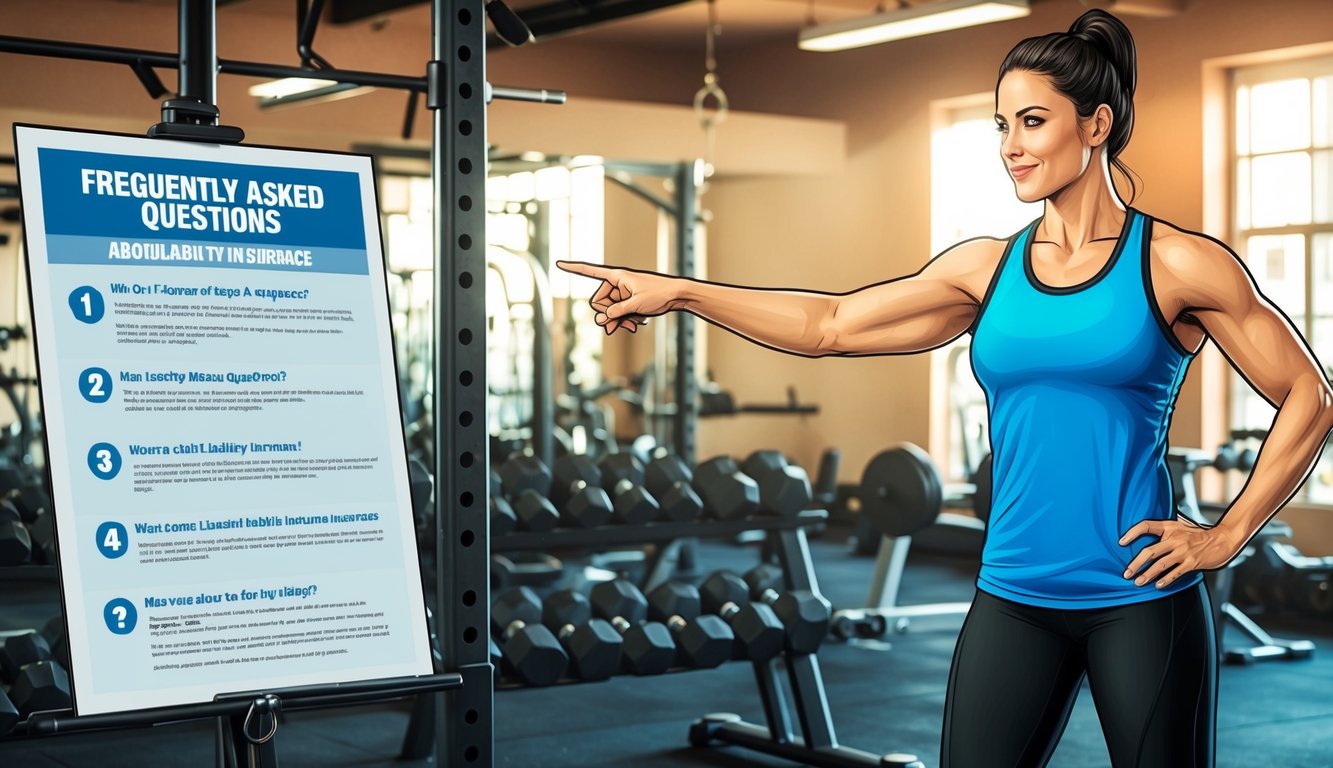 A personal trainer standing in a gym, pointing to a poster with "Frequently Asked Questions" about liability insurance