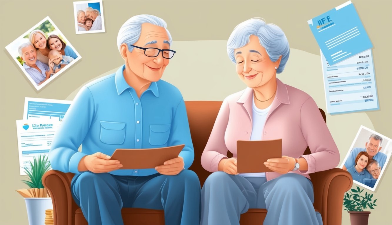 A serene elderly couple sitting together, surrounded by family photos and financial documents, discussing life insurance options