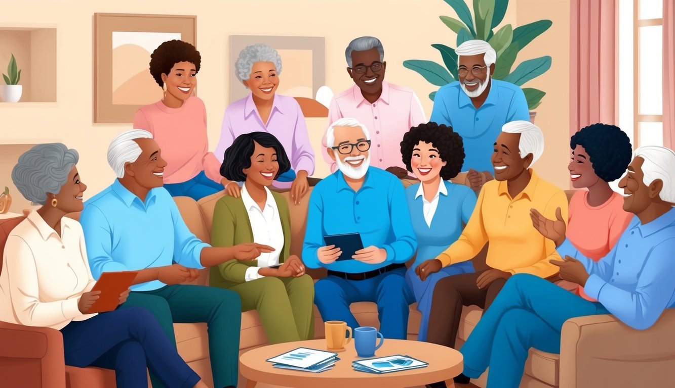 A group of diverse seniors over 70 smiling and discussing affordable life insurance options in a cozy living room setting