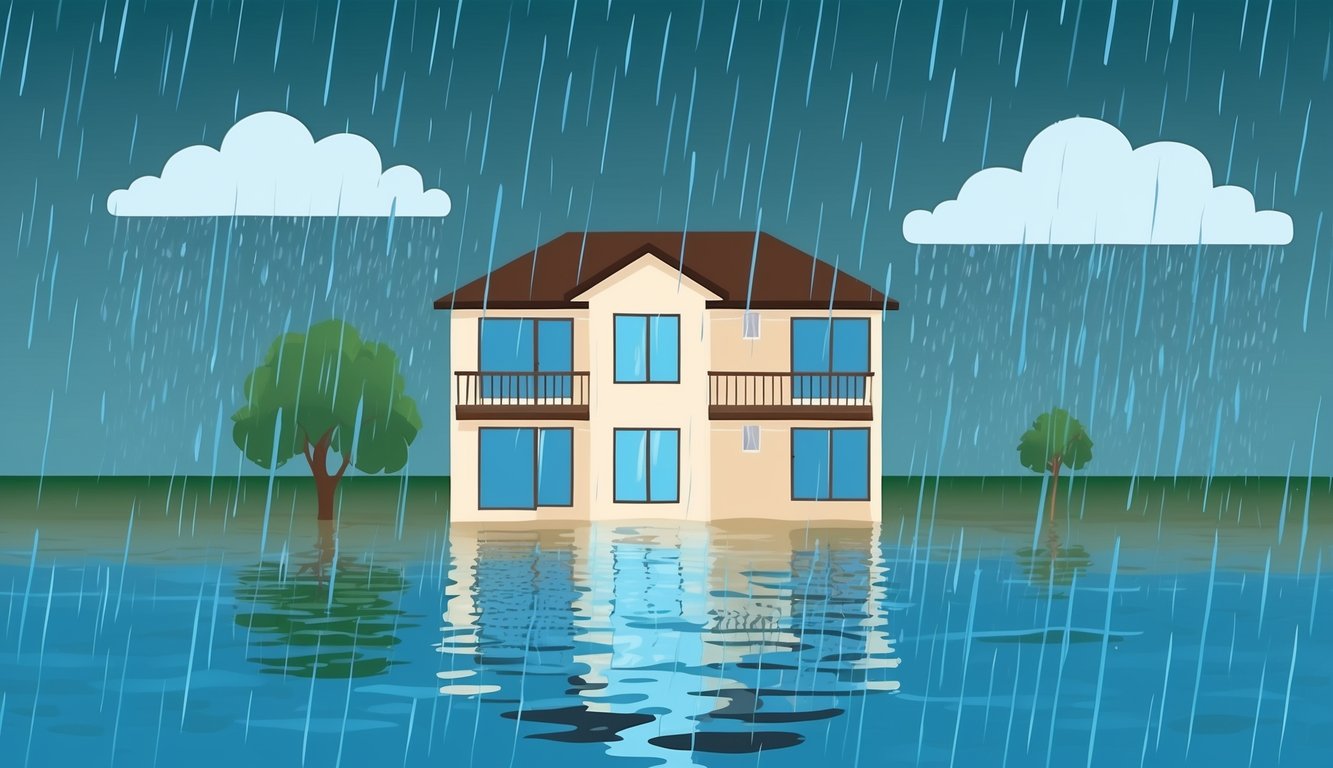 A basement apartment fills with water as rain pours outside, highlighting the need for flood insurance