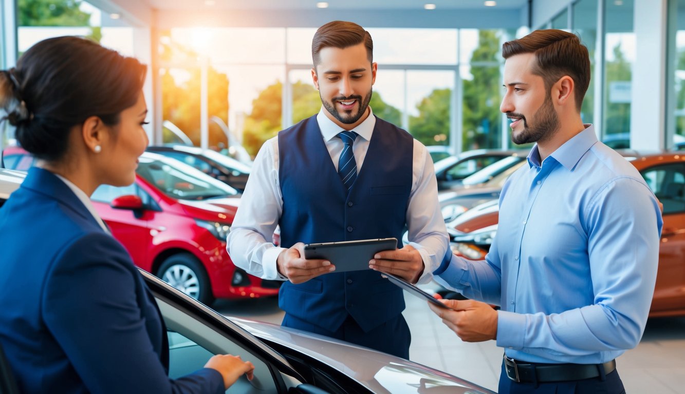 A car dealership employee explaining gap insurance to a customer leasing a vehicle