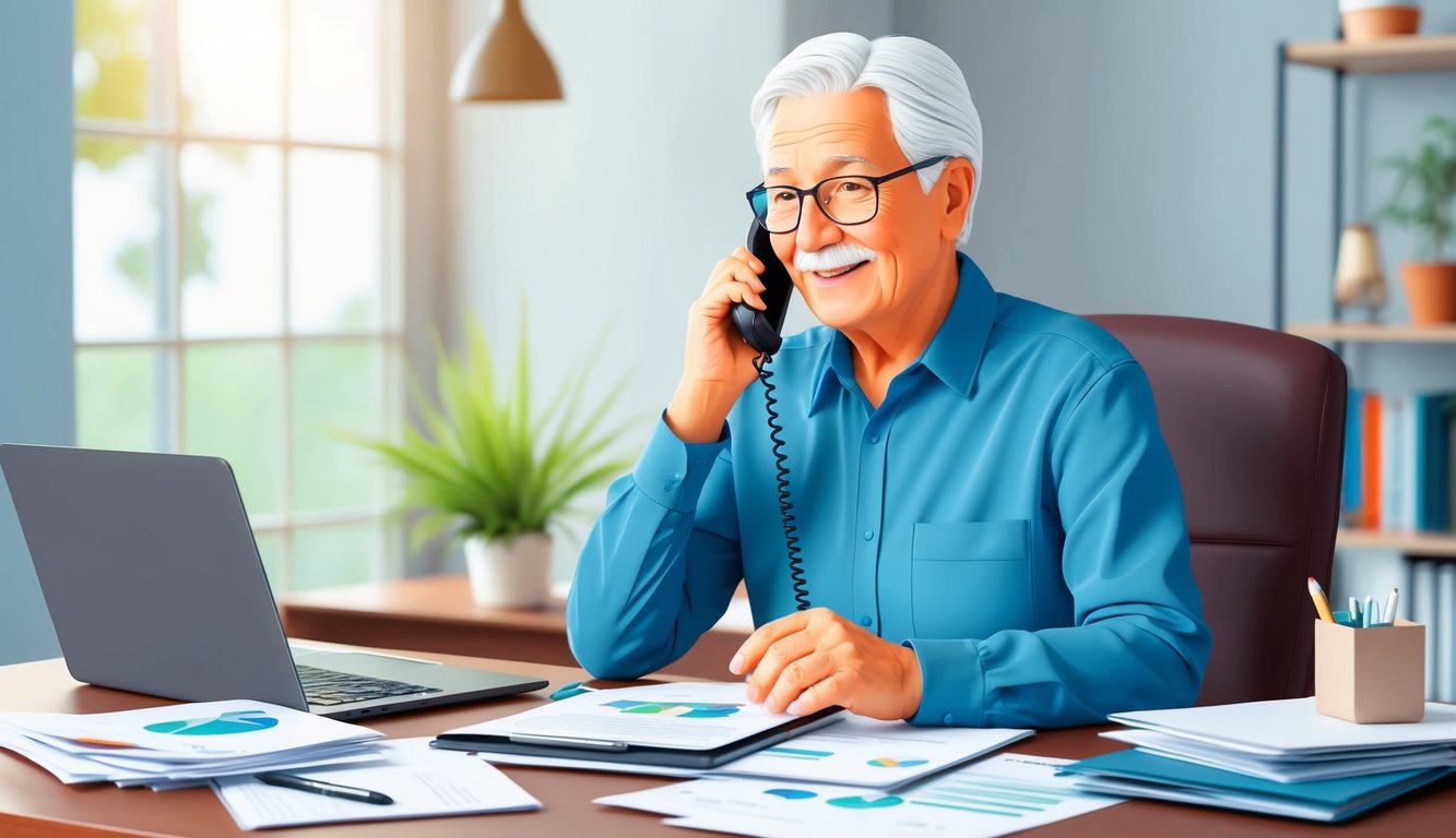 An elderly person sitting at a desk, surrounded by paperwork and a laptop, while speaking with a life insurance agent over the phone