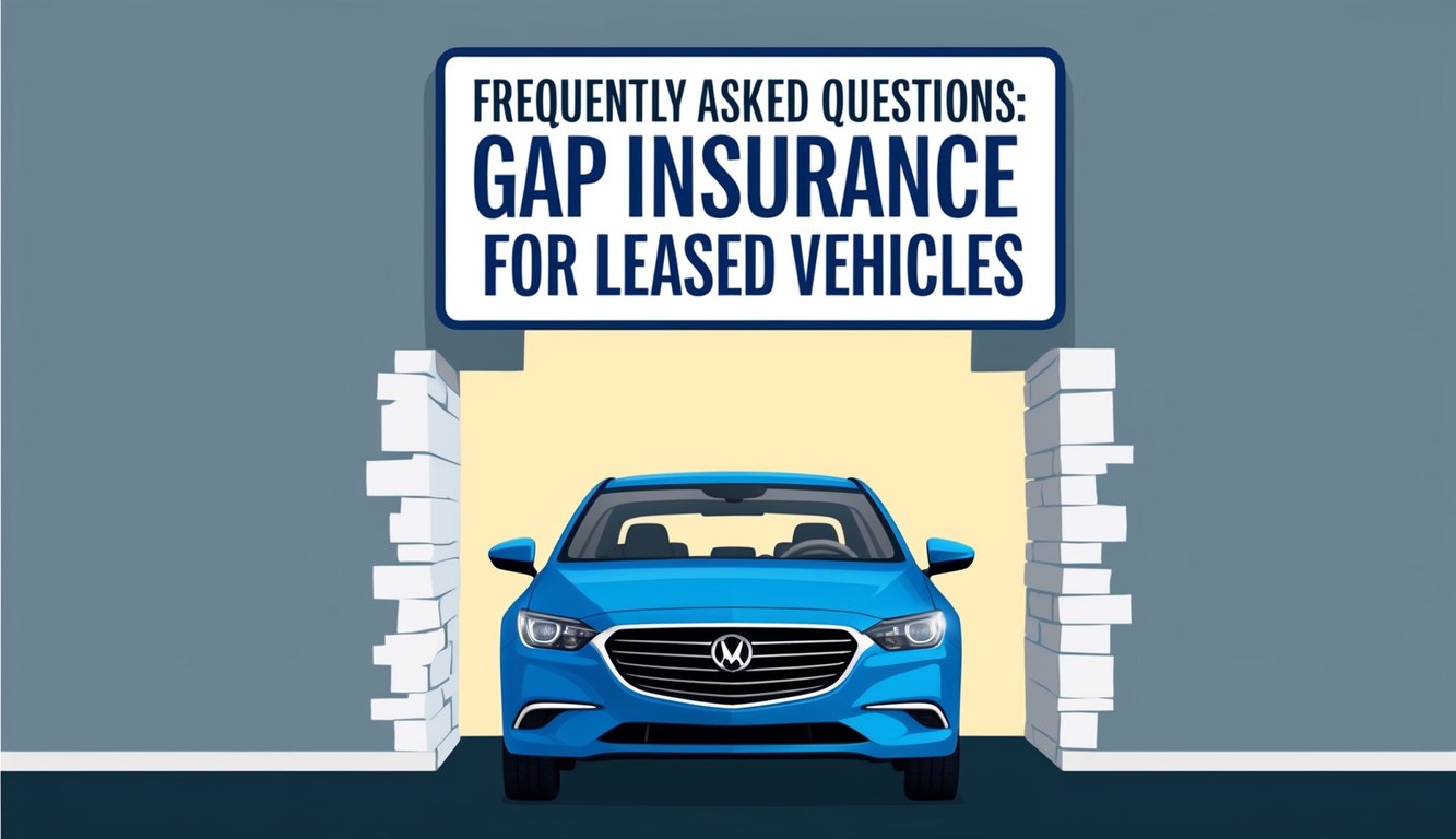 A car driving through a gap in a wall, with a sign above reading “Frequently Asked Questions: Gap Insurance for Leased Vehicles”