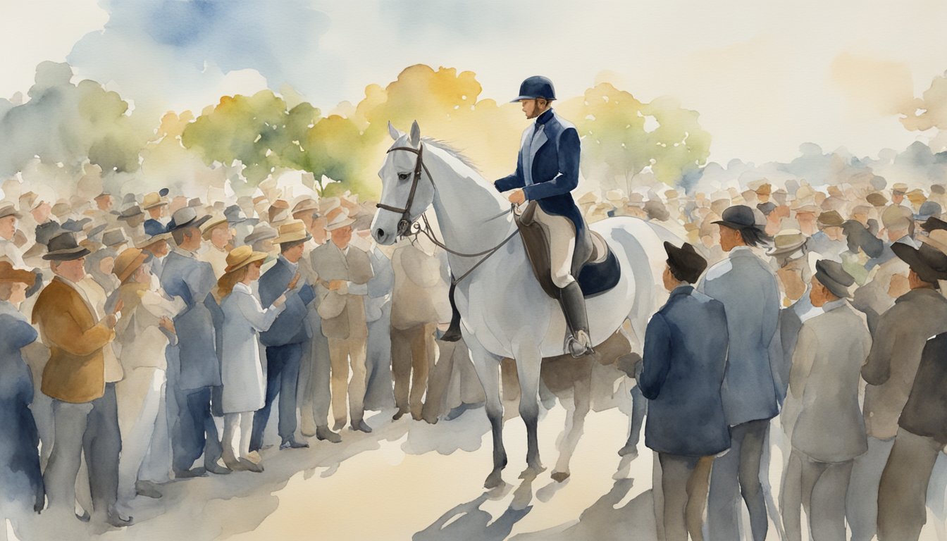 A rider stands confidently on a horse, surrounded by a crowd, answering questions with ease