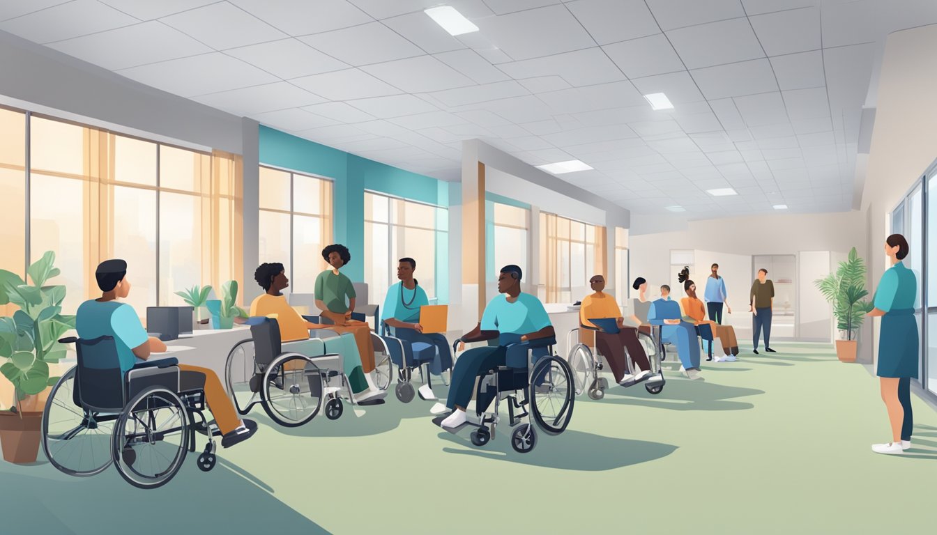 A wheelchair-accessible health care facility with diverse staff and patients, and an inclusive workplace with accommodations for employees with disabilities