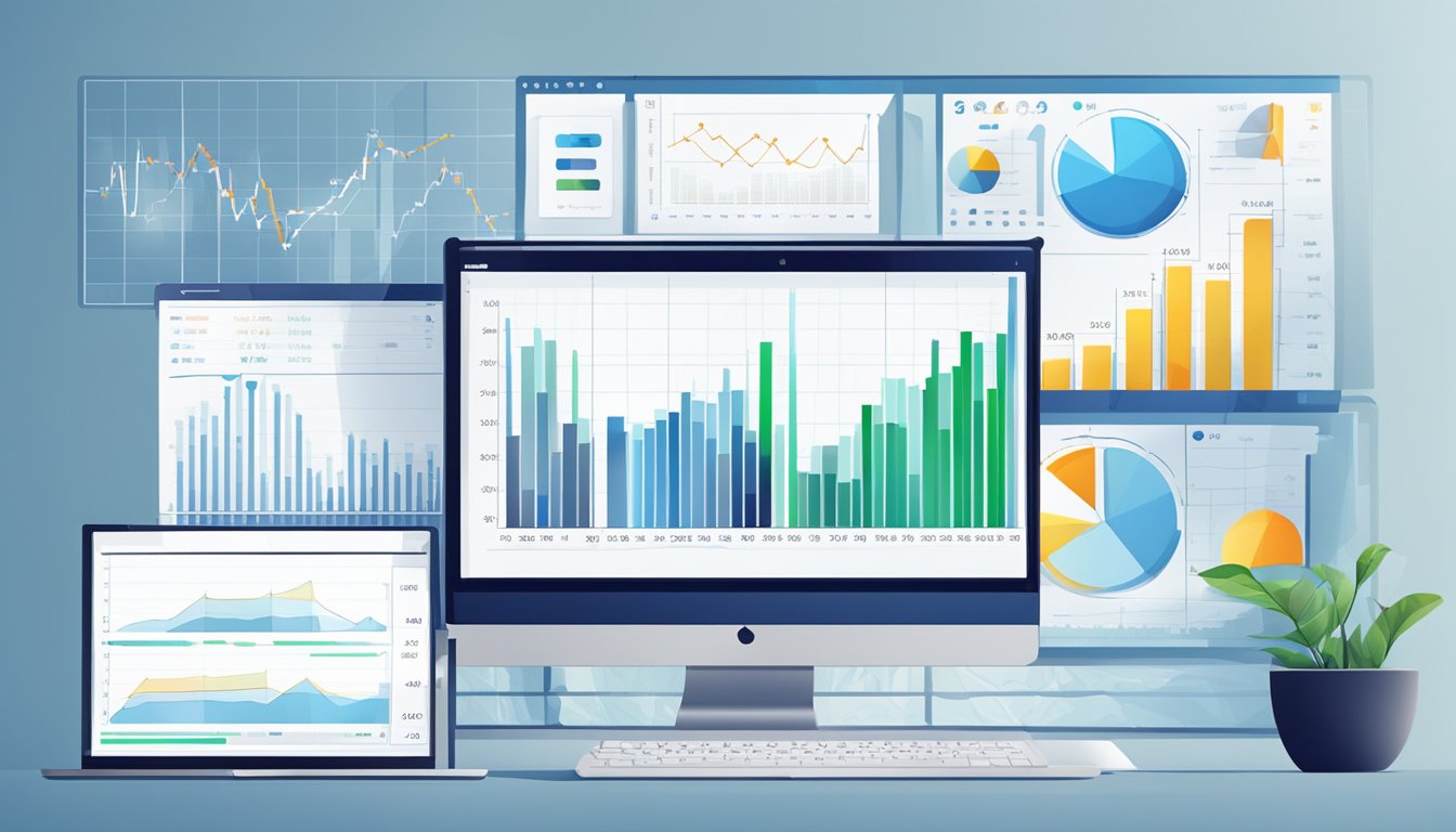 A computer screen displaying a graph with a rising trend, surrounded by charts and data tables