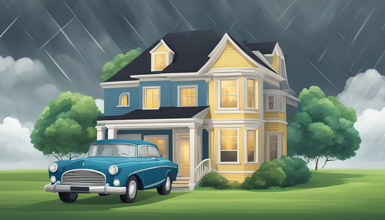 Casualty insurance protects real estate from damage.</p><p>A house is shielded by a protective shield, while a storm rages outside