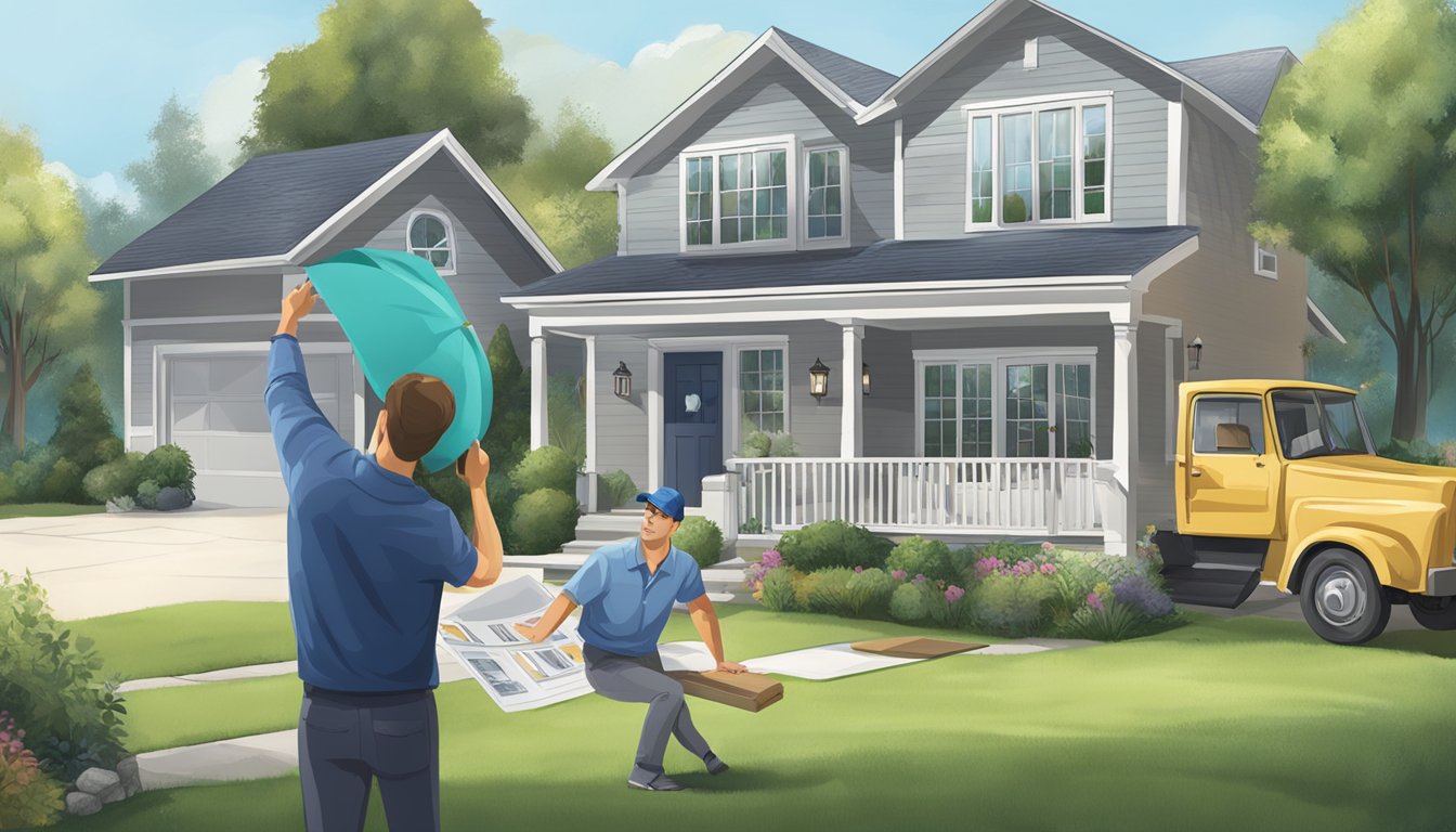 A house with a "Casualty Insurance" sign in the front yard, a real estate agent explaining coverage to a potential buyer, and a damaged property being repaired with insurance funds