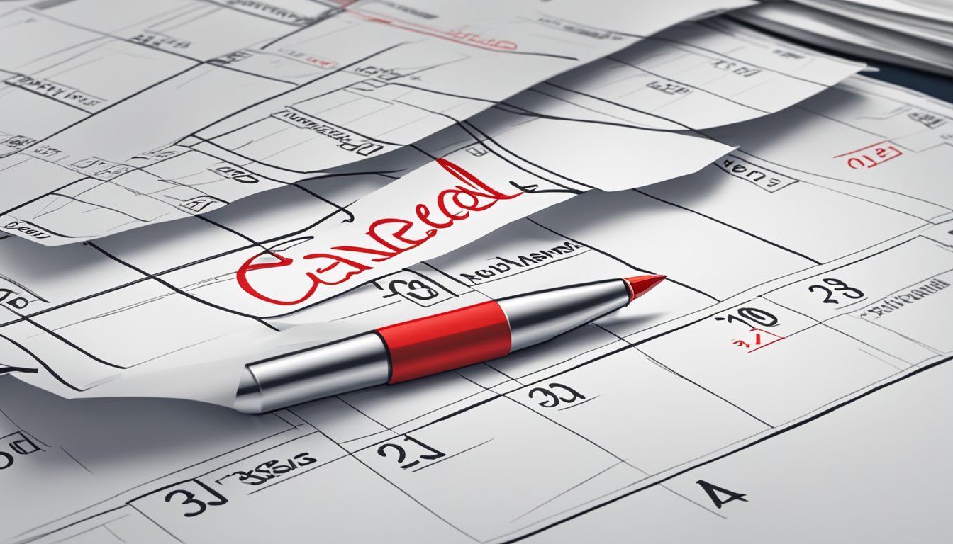 A stack of papers with "Canceled" stamped across them, a red pen crossing out a scheduled event on a calendar