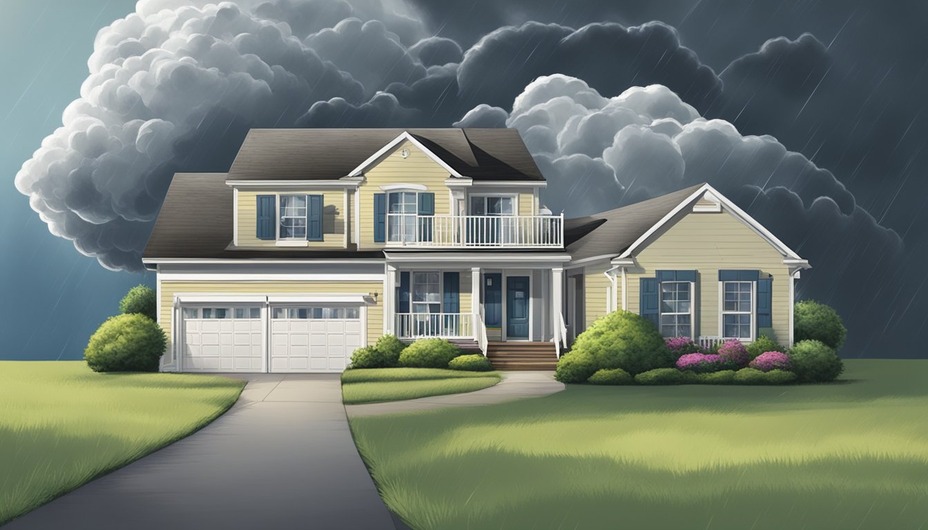 A house protected by a shield labeled "homeowners insurance" with a storm cloud looming overhead