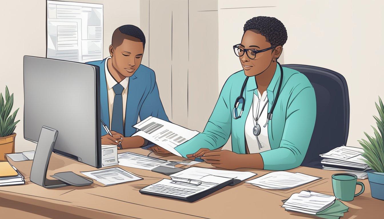 A person sitting at a desk, with a computer and paperwork, discussing health insurance options with a provider