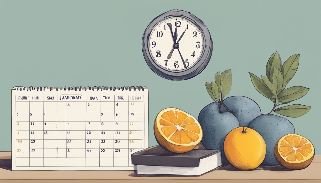 A calendar with a marked date, a clock showing time running out, and a rotting piece of fruit with a date on it