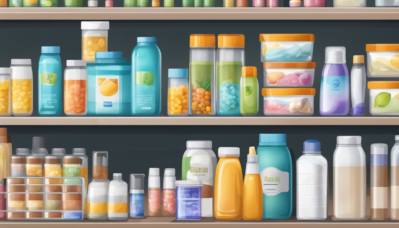 Various products with visible expiration dates, such as food items, cosmetics, and medications, arranged on shelves in a store