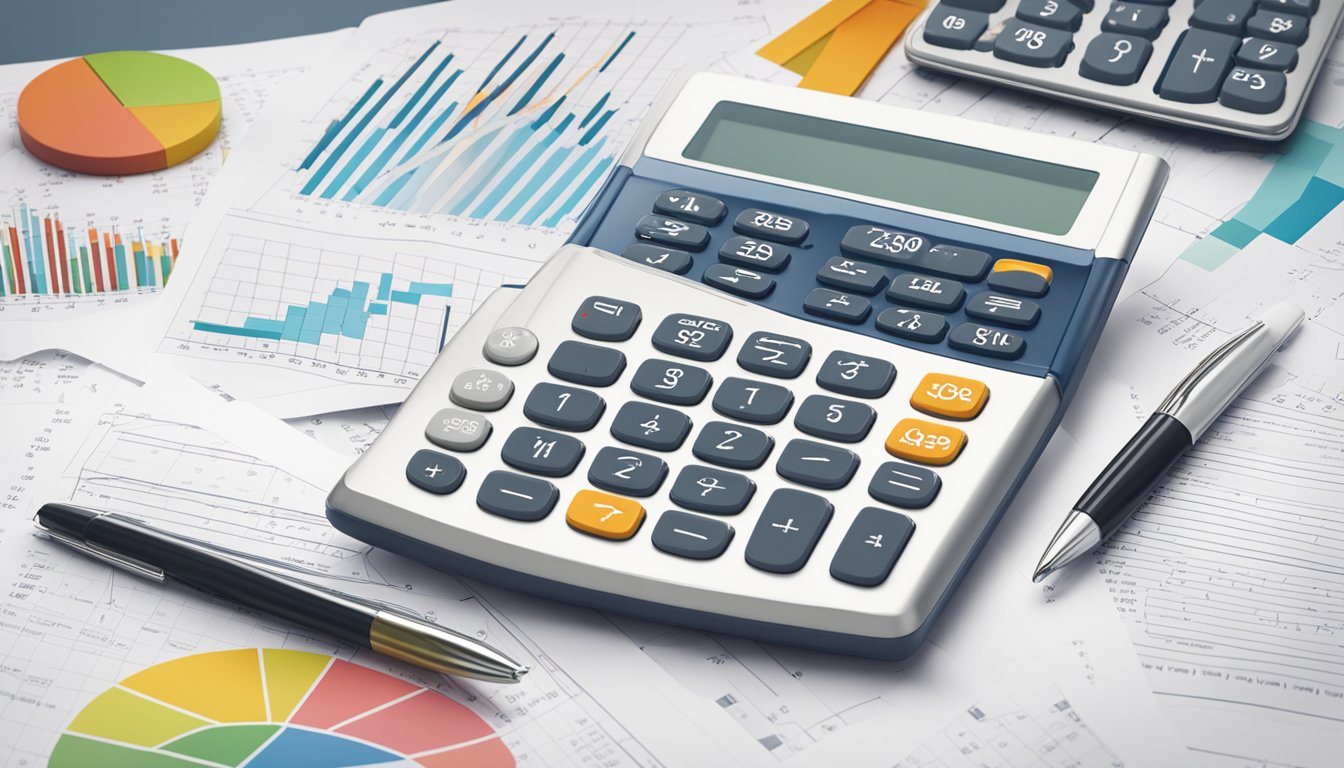 A calculator and insurance documents laid out on a desk, with charts and graphs showing premium calculations