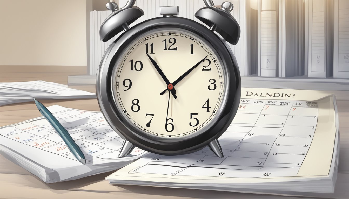 A clock showing a deadline passing with a calendar in the background