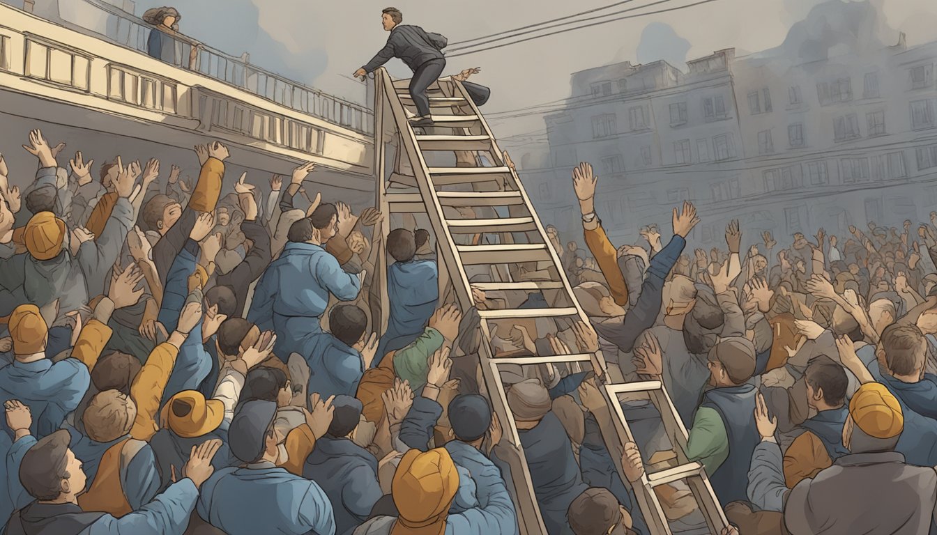 A person falling from a ladder, with a crowd of onlookers and a visible injury