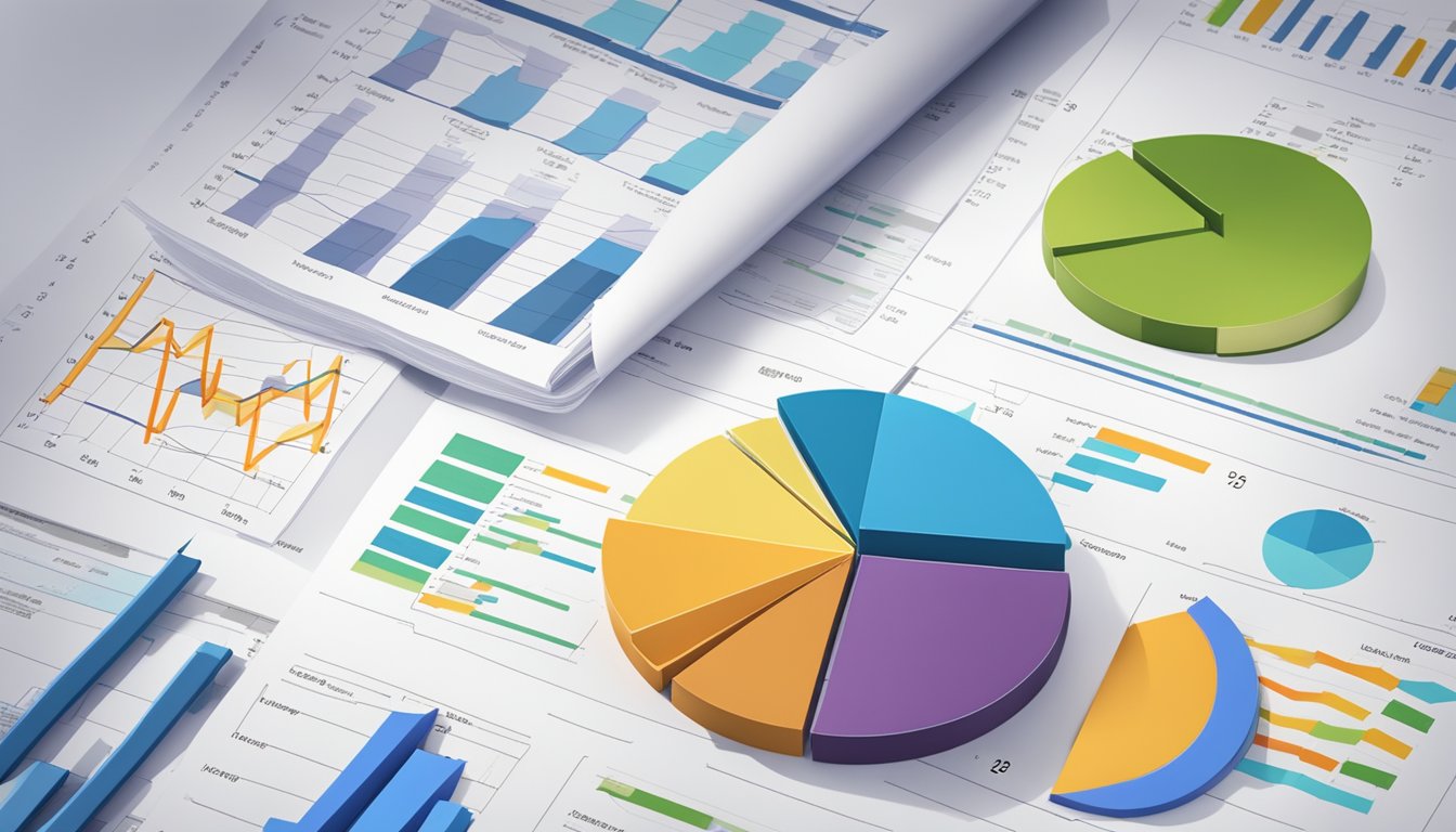 A stack of financial documents with highlighted sections on contingent liabilities, surrounded by charts and graphs