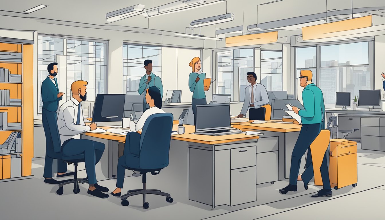 A bustling office scene with employees discussing and signing paperwork, with a prominently displayed sign reading "Business Operations Liability Insurance Definition"