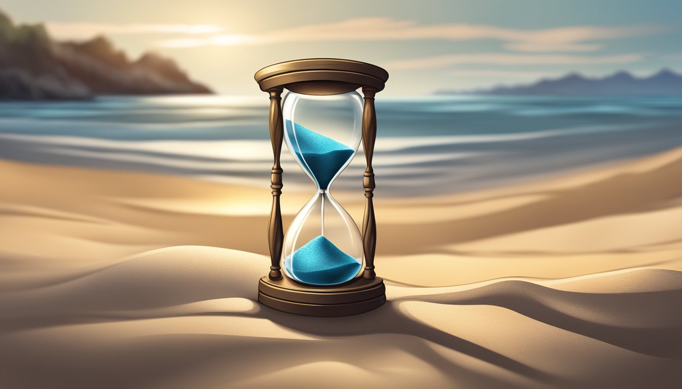 The hourglass sits still, its sand frozen in time, representing the lapse of moments, as if waiting for the turn of the hour to resume its flow